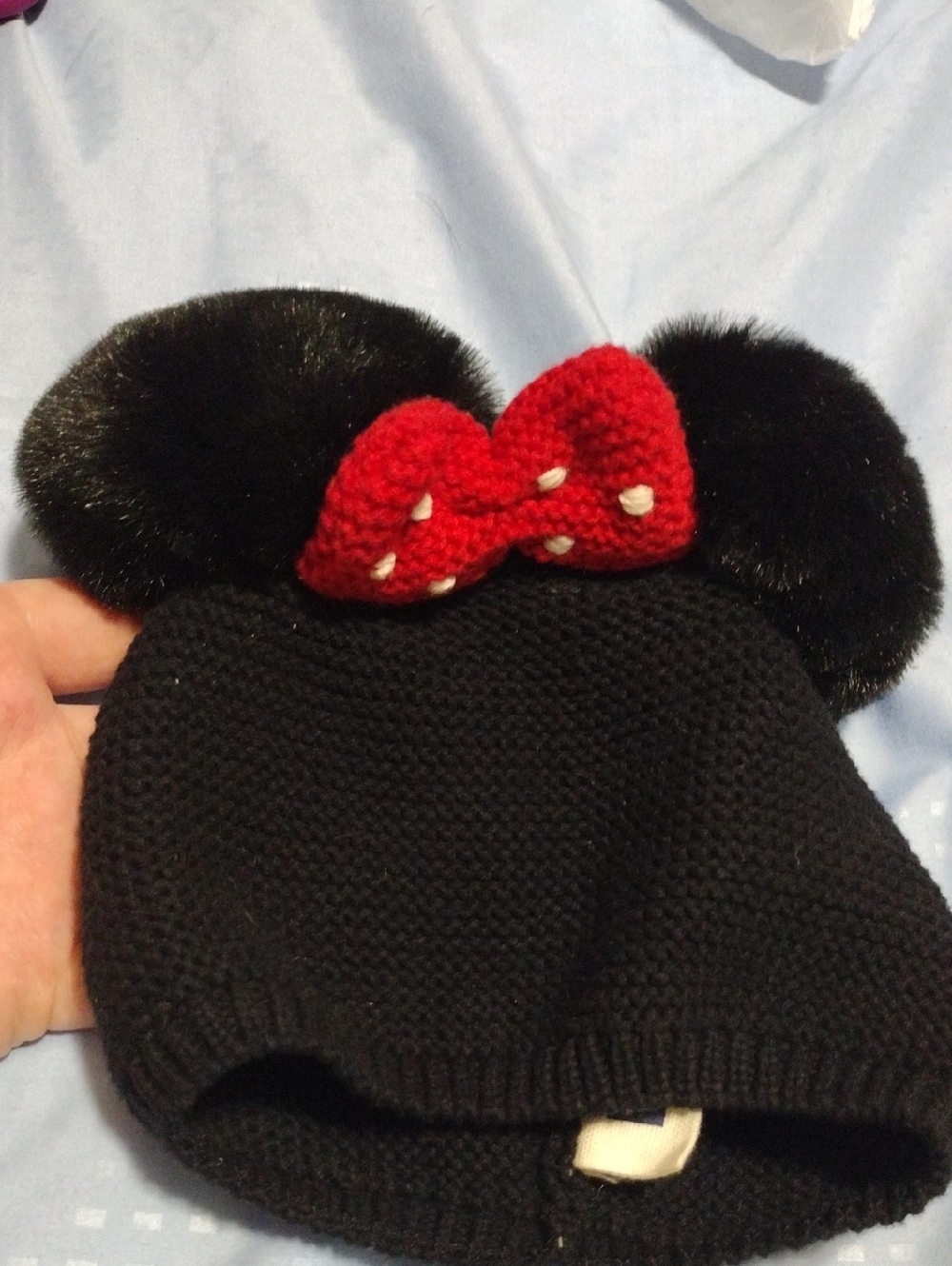 Kids Black Knit Hat with Red Bow and Plush Ears